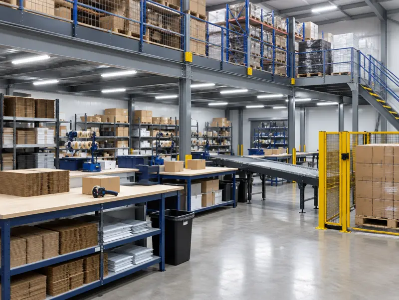 E-commerce packing benches under a mezzanine with stock above