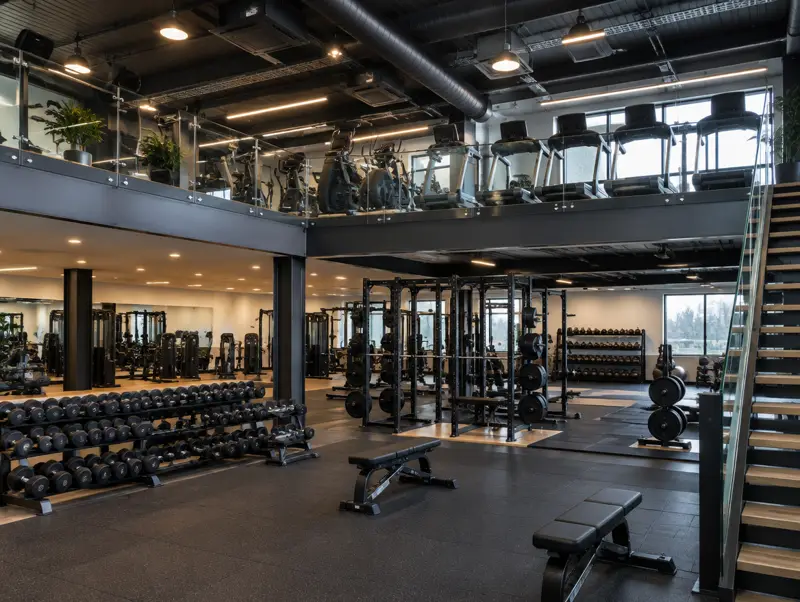 Gym with cardio machines on a mezzanine with glass balustrade