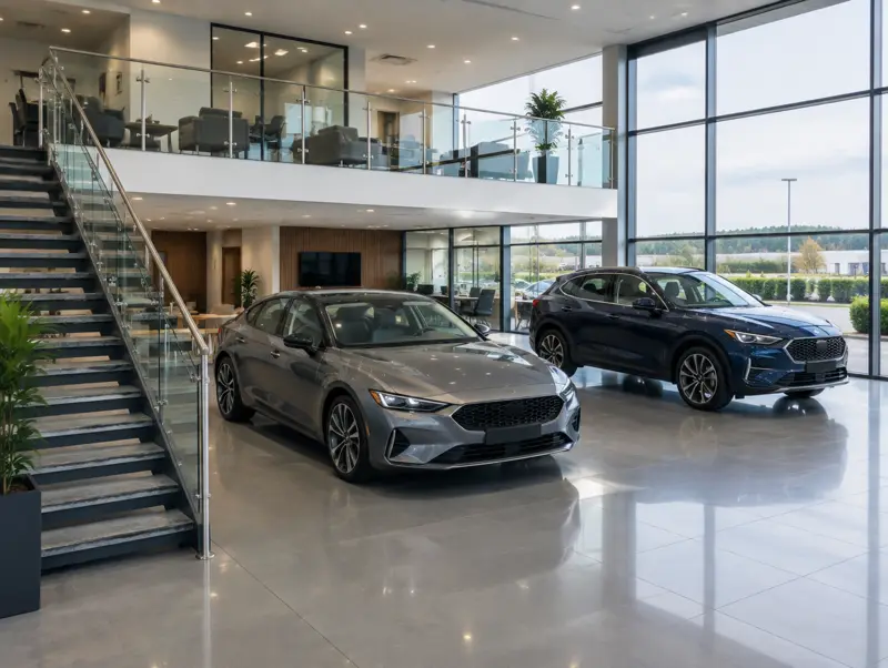 Car showroom with a mezzanine lounge and offices above